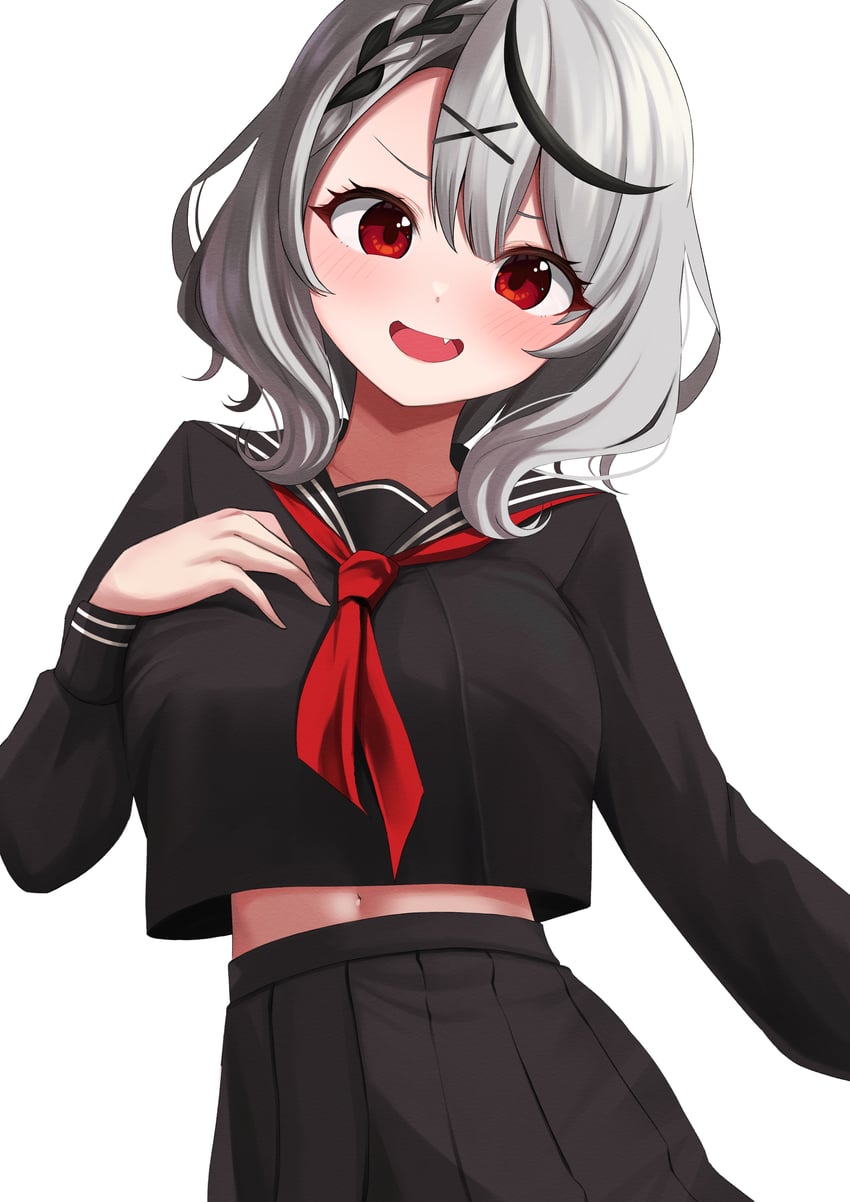 Hololive、沙花叉克萝耶 1名女孩 黑色水手服 黑衬衫 黑色裙子 黑条纹/黑挑染