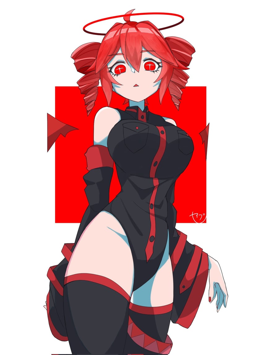 UTAU、重音Teto 呆毛 露肩 黑色紧身连体衣 黑色过膝袜 乳房