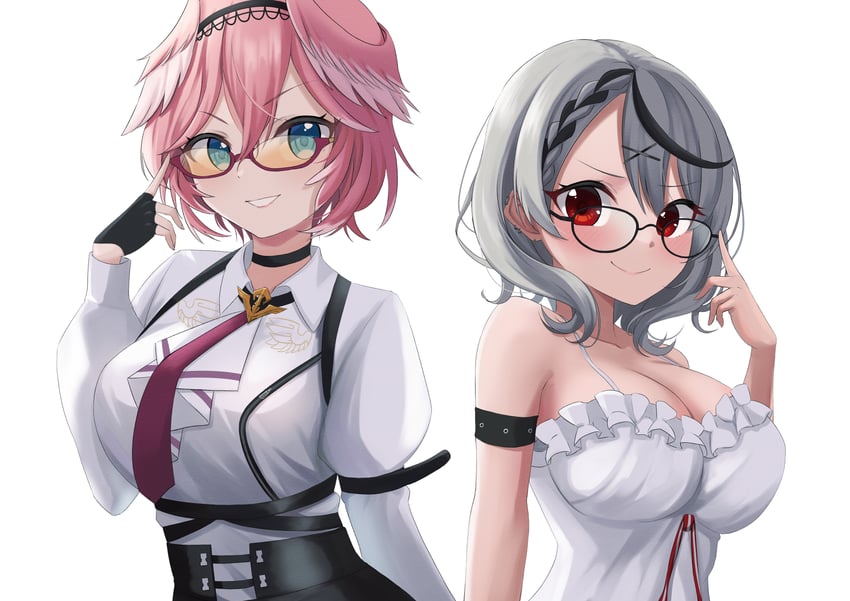 Hololive、沙花叉克萝耶、沙花叉库洛艾(第一套服装) 2名女孩 调整眼镜 露肩 戴眼镜的 黑框眼镜
