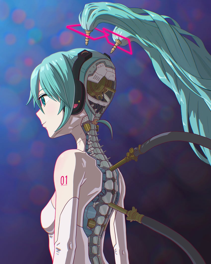 VOCALOID、初音未来 1名女孩 机器人 水色瞳 水色发 电缆