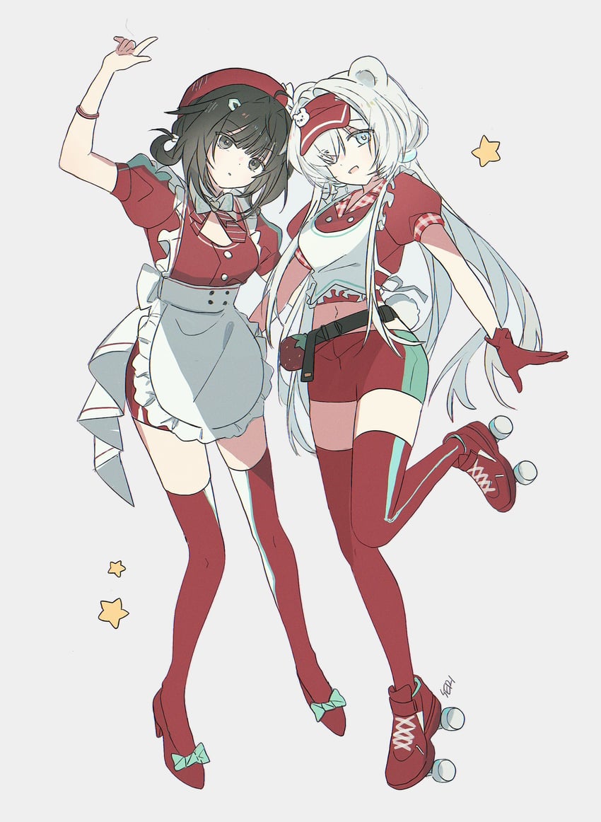 明日方舟、极光 (明日方舟)、羽毛笔 (明日方舟) 2名女孩 兽耳 围裙 熊耳 熊娘