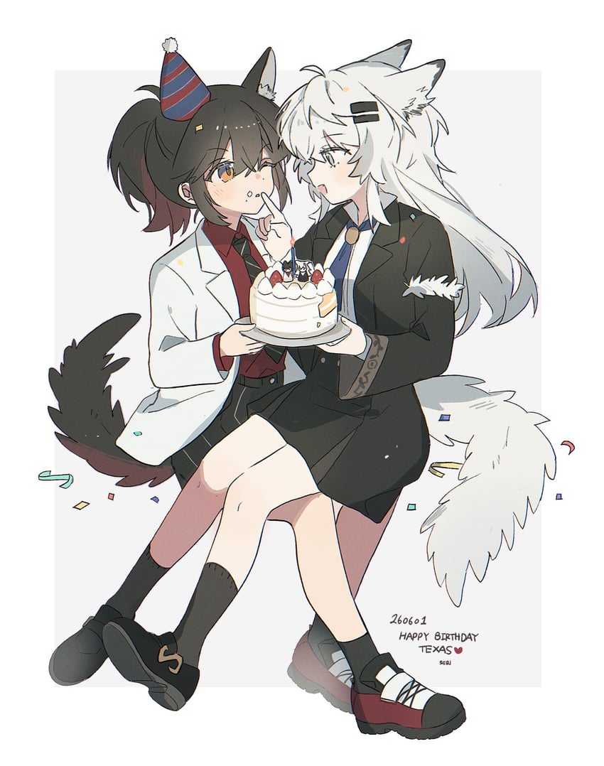 拉普兰德 (明日方舟)、德克萨斯 (明日方舟) 2名女孩 幼化 兽耳 作者名 生日蛋糕