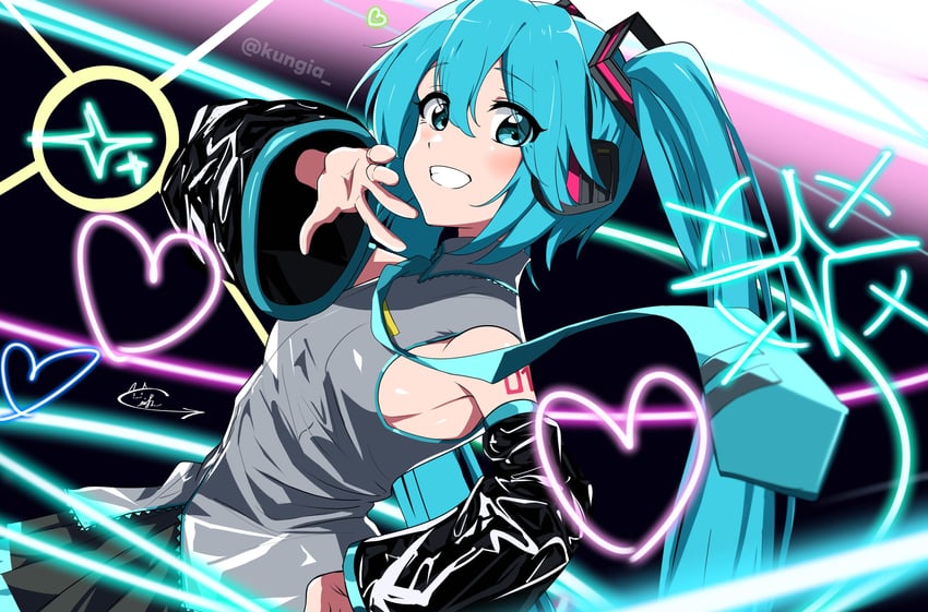 VOCALOID、初音未来 1名女孩 水色瞳 水色发 水蓝色领带 水蓝色饰边