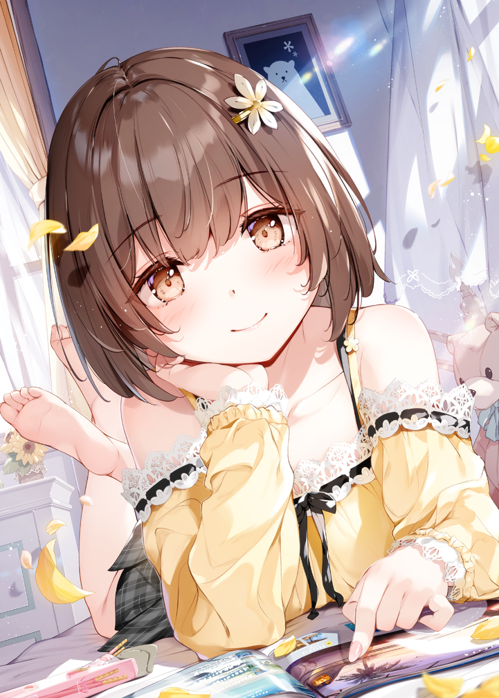原创、香代 (宫濑真寻) 1名女孩 赤脚 棕眼睛 棕发 踝部交叉