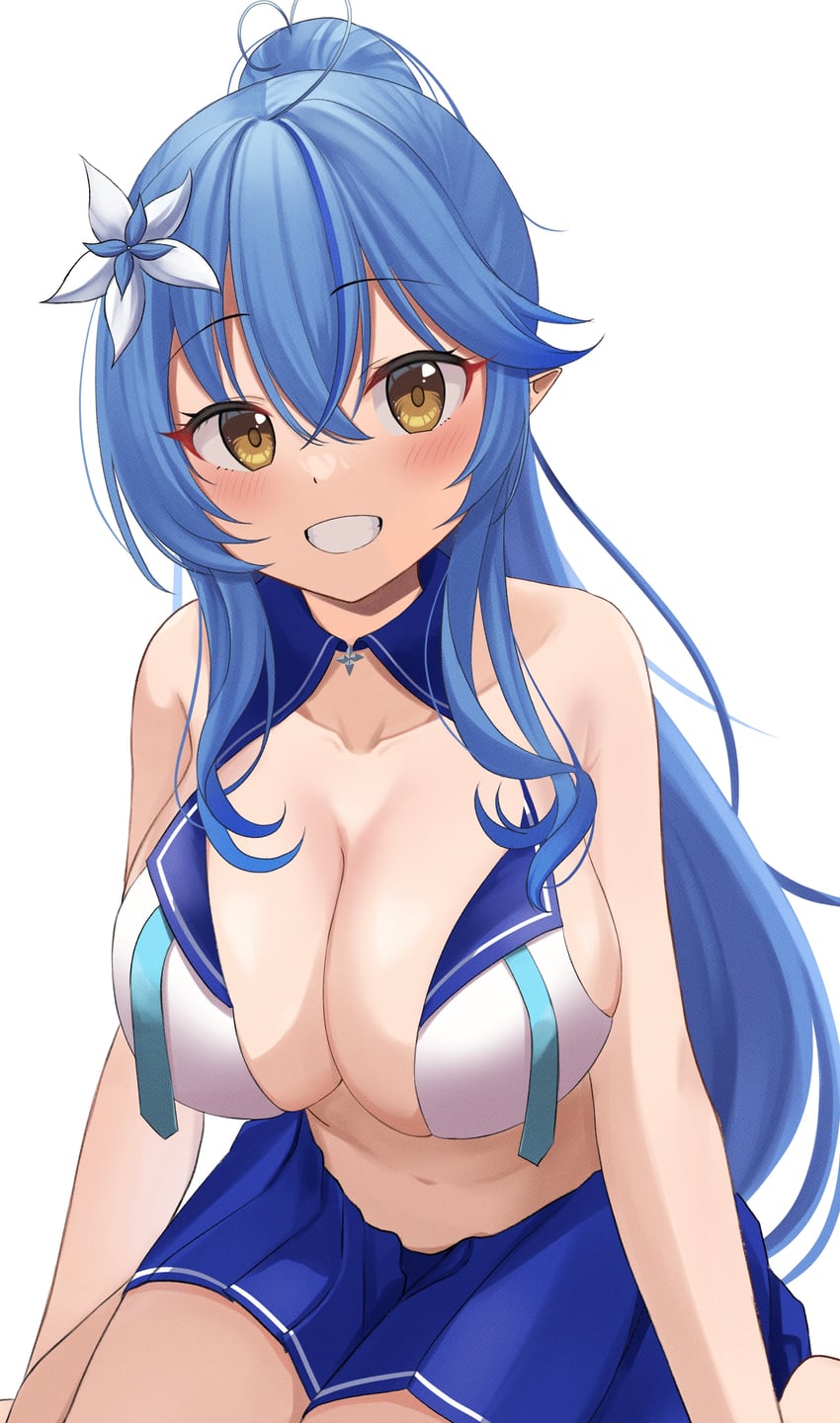 Hololive、雪花拉米 1名女孩 呆毛 蓝发 蓝裙子 蓝色挑染