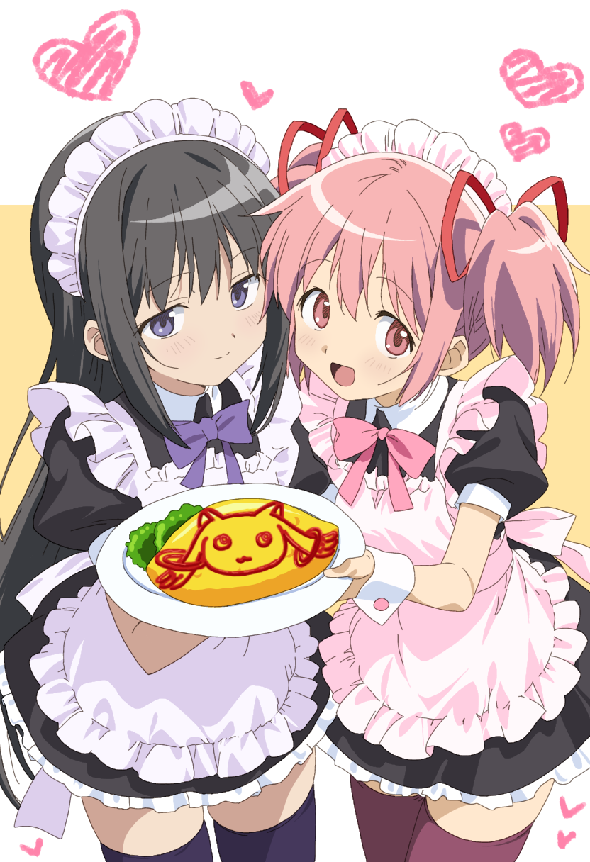 魔法少女小圆、魔法少女小圆、晓美焰 2名女孩 :D 围裙 黑色连衣裙 黑发