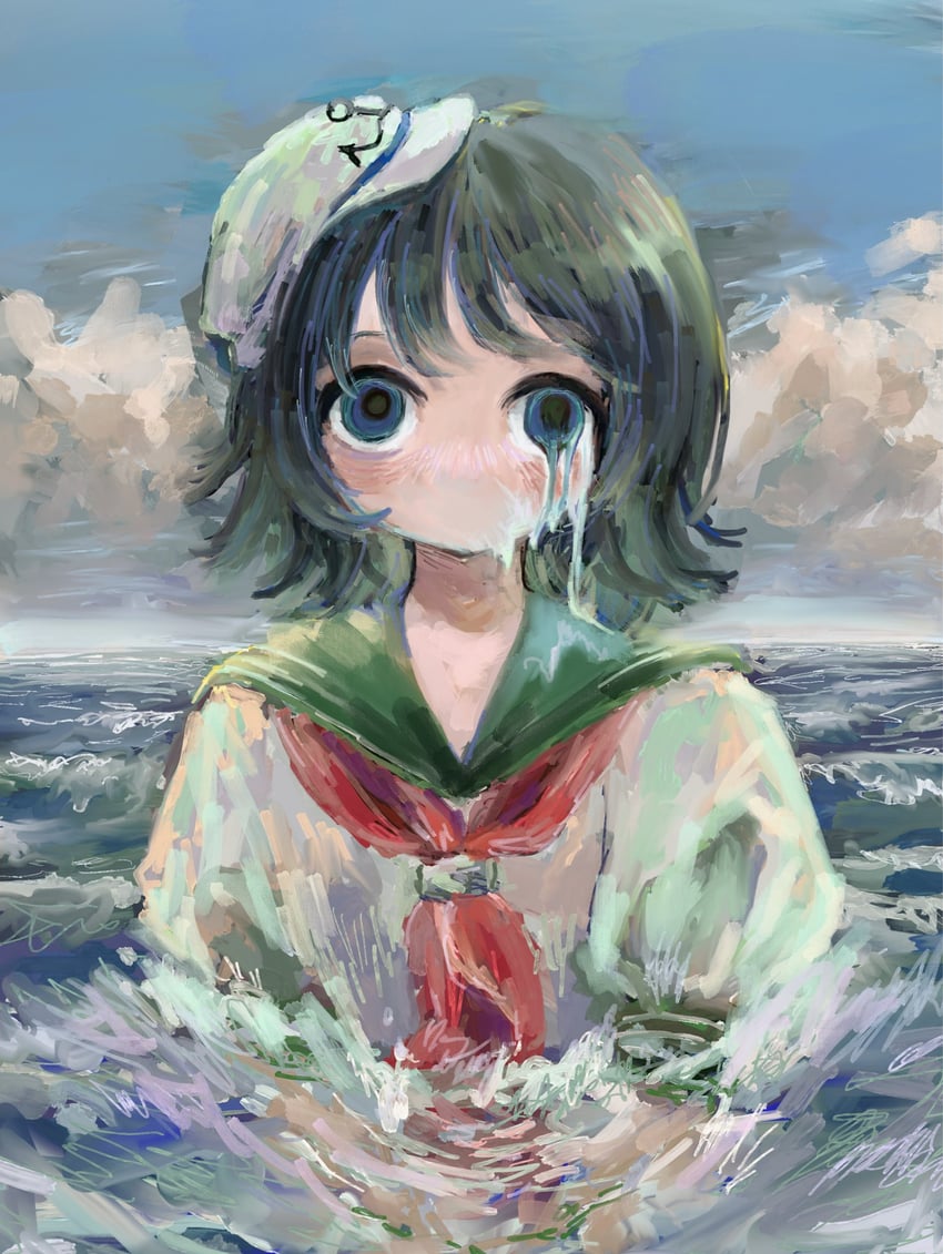 东方Project、村纱水蜜 1名女孩 黑发 黑色水手领 灰瞳 帽子