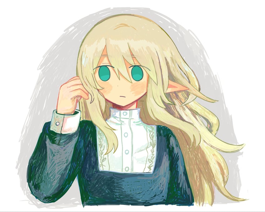 原创 1名女孩 撇嘴 黑色连衣裙 金发 脸红