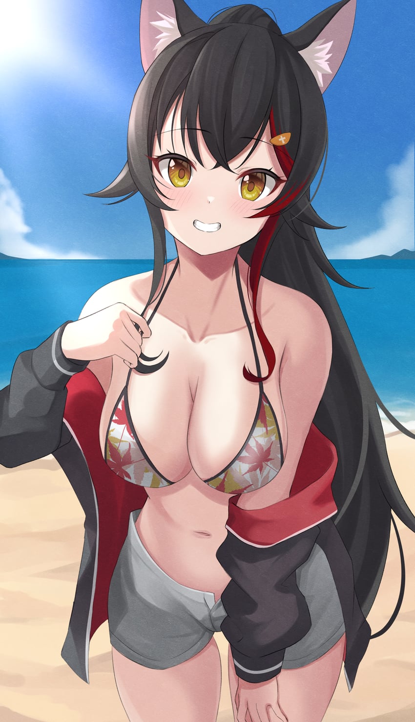 Hololive、大神澪 1名女孩 兽耳毛 兽耳 海滩 比基尼