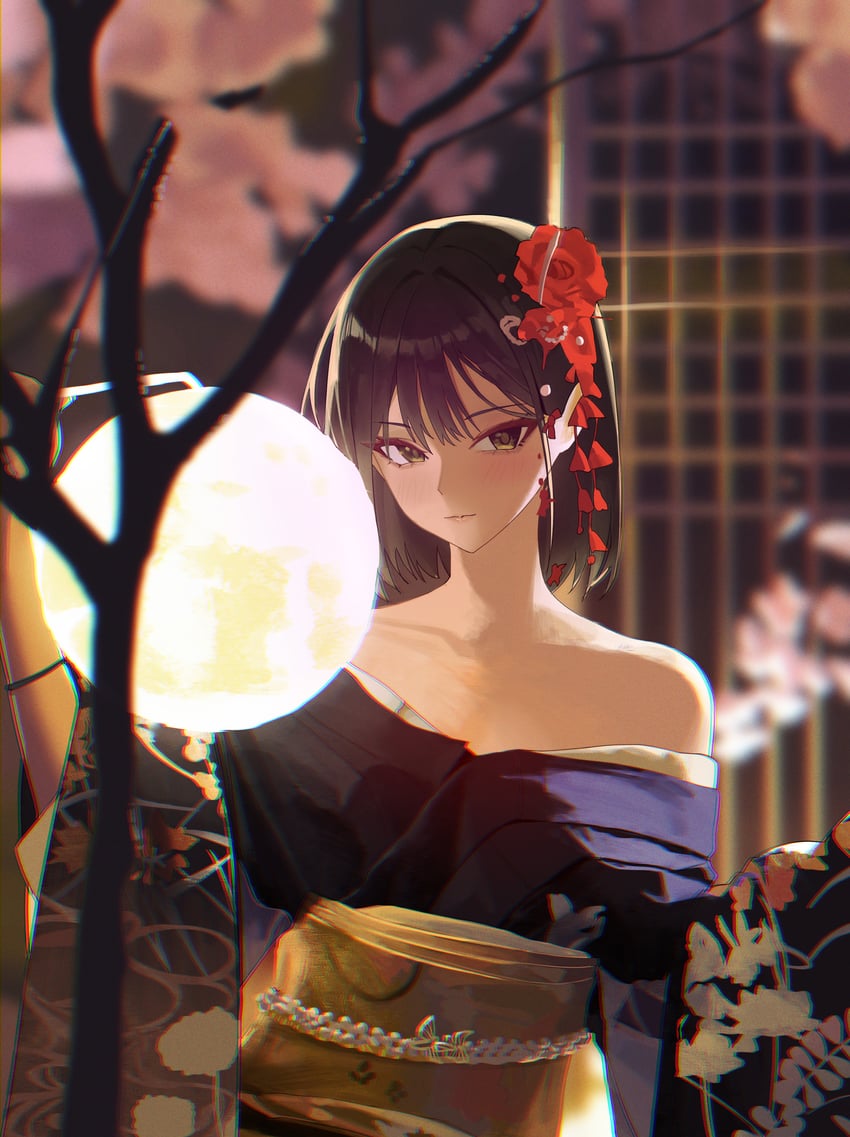原创 1名女孩 黑瞳 蓝色和服 模糊 模糊背景