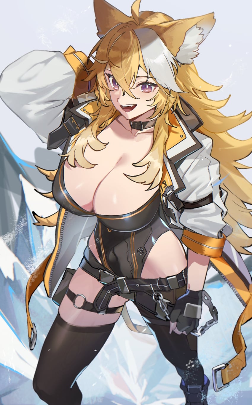 混沌零式噩梦、magna (chaos zero nightmare) 1名女孩 兽耳 皮带项圈 黑色紧身连体衣 金发