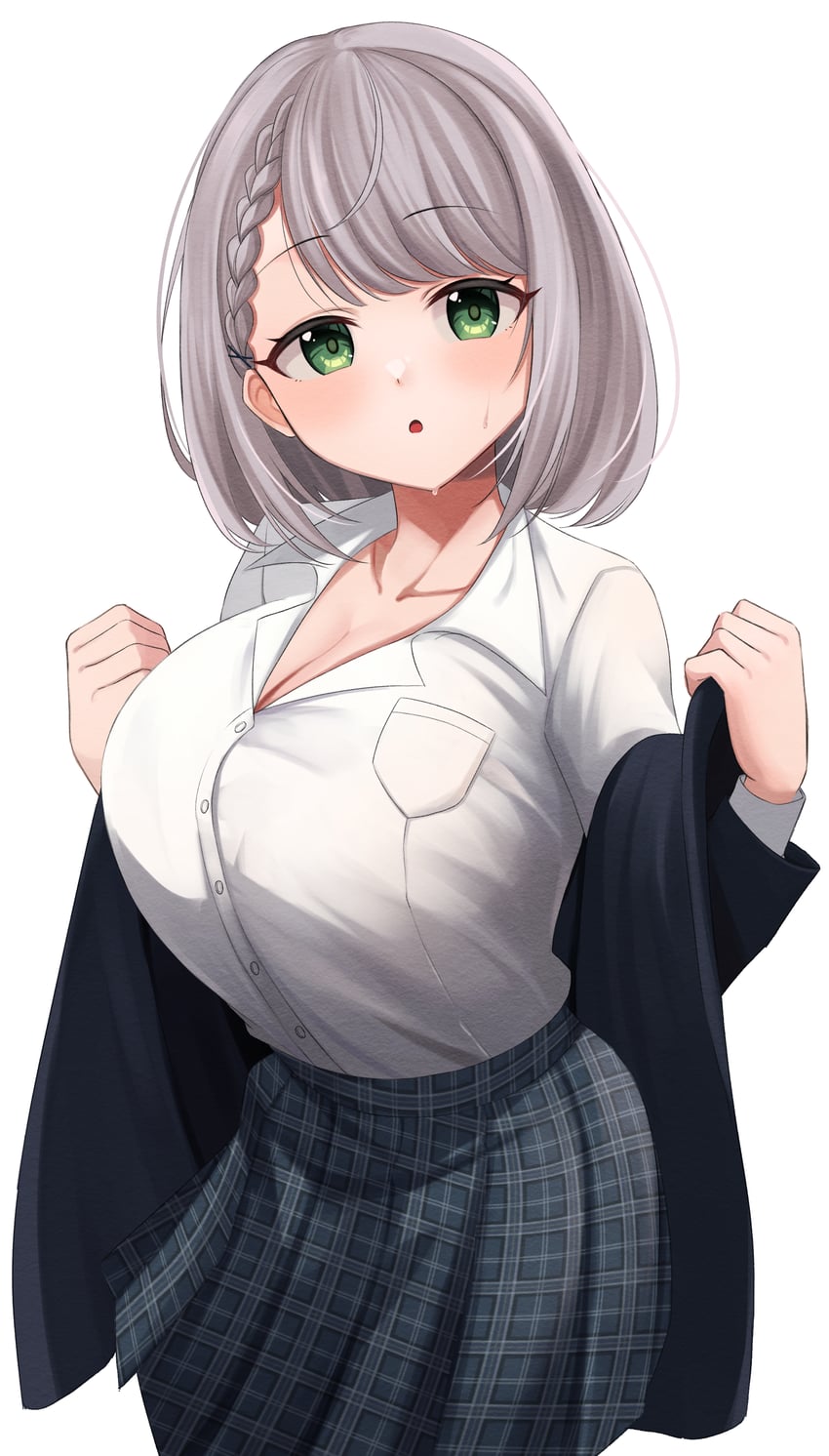 Hololive、白银诺艾尔、白银诺艾尔 (校服) 1名女孩 黑色夹克 蓝裙子 脸红 辫子