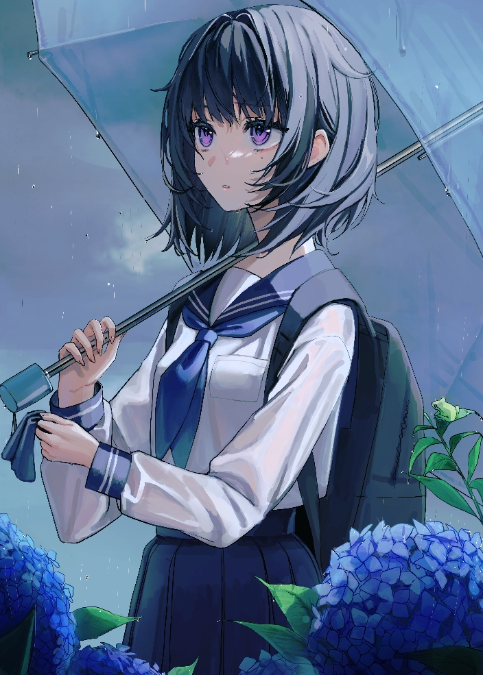 原创 1名女孩 背包 包 黑发 花