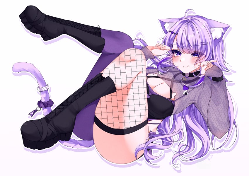 Hololive、猫又小粥、猫又小粥 (辣妹) 1名女孩 呆毛 发型长度变动 (更长) 兽耳毛 兽耳