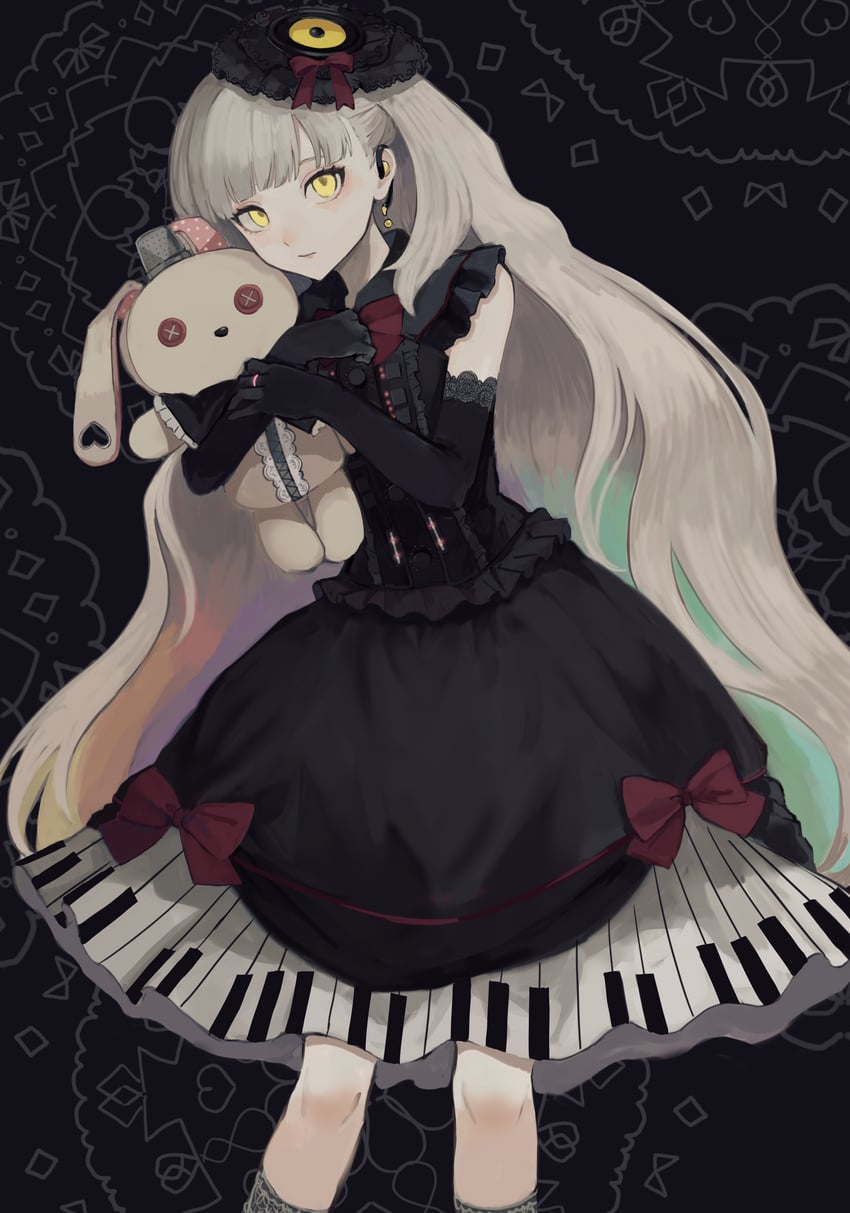 VOCALOID、MAYU (Vocaloid)、宇佐乃美美 1名女孩 黑色背景 黑色连衣裙 黑色手套 蝴蝶结