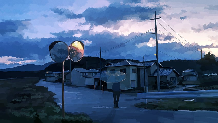 原创 1名男孩 黑裤子 建筑物 灌木 云