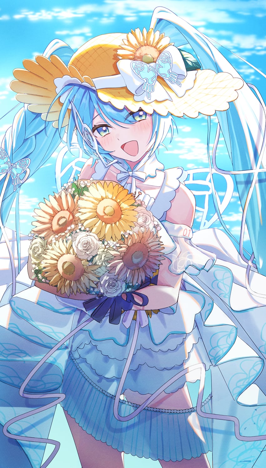 魔法未来(Vocaloid)、VOCALOID、初音未来 1名女孩 水色瞳 水色发 脸红 花束