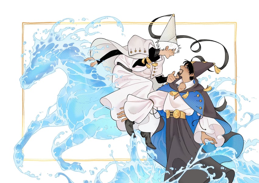 魔法帽的小工坊、欧鲁吉奥 (尖帽子的魔法工坊)、奇弗利 (魔法帽的师徒) 2个男孩 腰带 黑色披肩 黑发 黑帽子