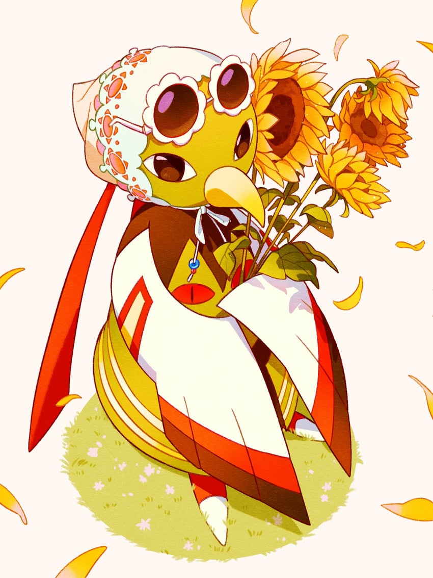 宝可梦、天然鸟 棕眼睛 落花 花 全身 草地