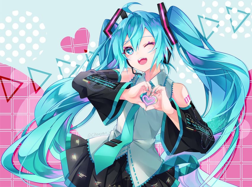 VOCALOID、初音未来 1名女孩 水色瞳 水色发 水蓝色指甲 水蓝色领带
