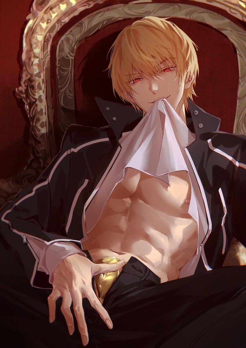 Fate/Grand Order、Fate系列、吉尔伽美什 (Fate) 1名男孩 腹肌 裸露胸肌 黑裤子 金发