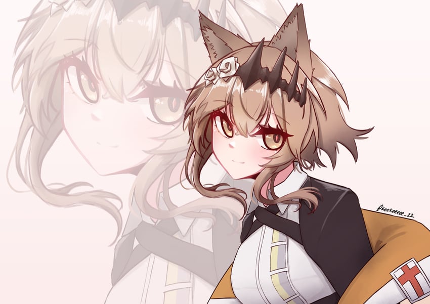 明日方舟、万顷 (明日方舟) 1名女孩 兽耳 黑色连衣裙 黑色王冠 脸红