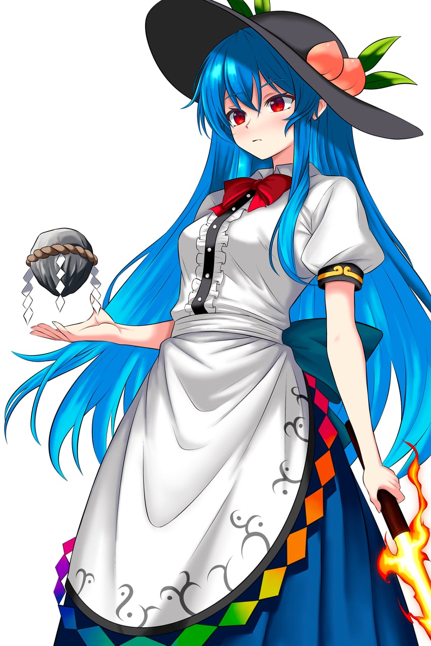 东方Project、比那名居天子 1名女孩 围裙 黑帽子 蓝发 蓝裙子