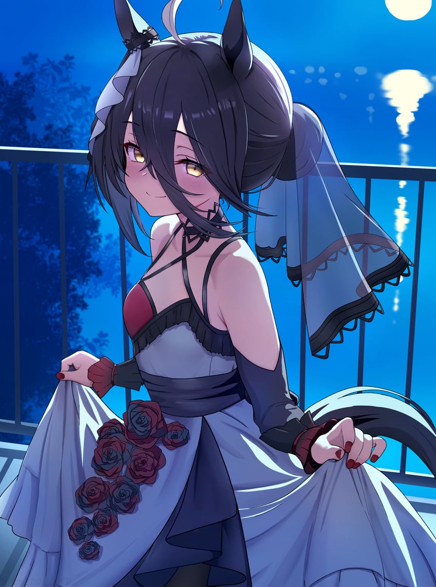 赛马娘、曼城茶座 (Mysterious Rose) (赛马娘)、曼城茶座 (赛马娘) 1名女孩 呆毛 兽耳 黑发 乳房