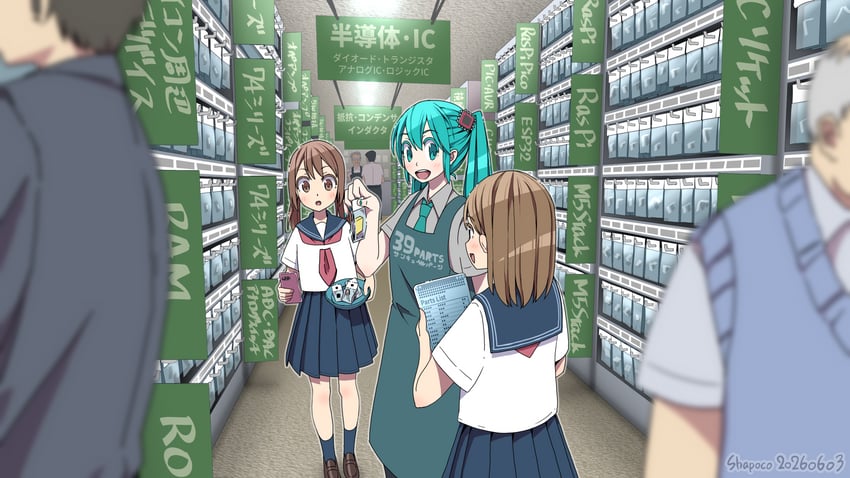 VOCALOID、初音未来 3人女子 替换服装 围裙 水色瞳 水色发