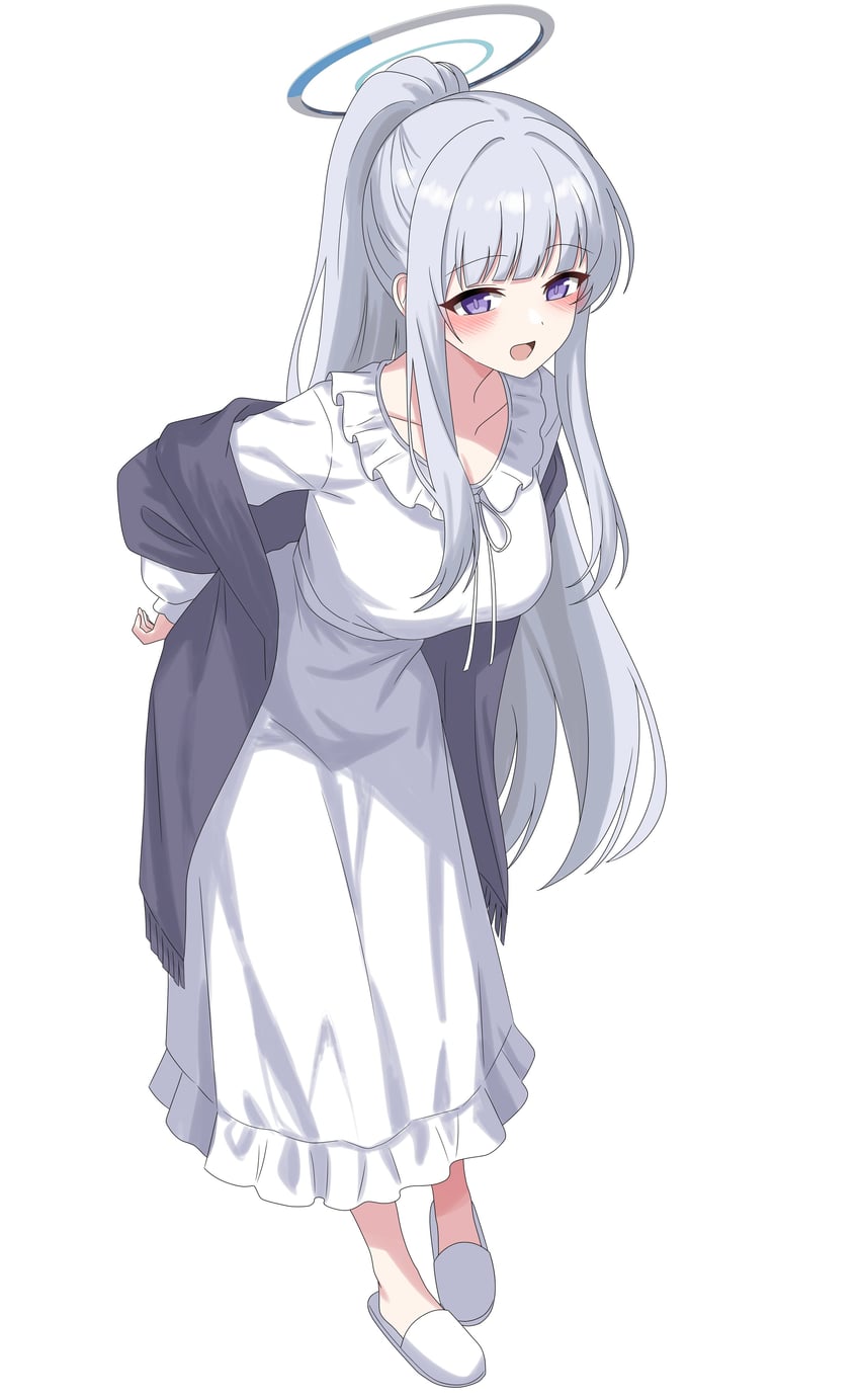 蔚蓝档案、乃爱 (蔚蓝档案)、乃爱(睡衣) 蓝色光环 脸红 乳房 开襟衫 开衫半脱