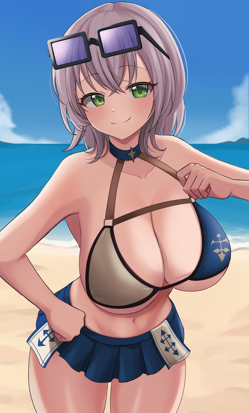 Hololive、白银诺艾尔、白银诺艾尔 (2020夏季服饰) 1名女孩 比基尼 比基尼裙 黑框眼镜 蓝色镜片眼镜