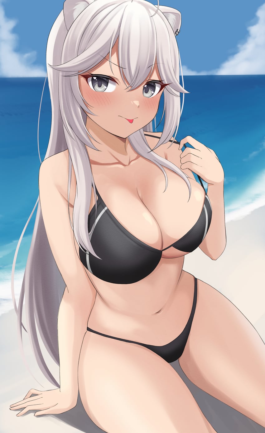 Hololive、狮白牡丹 1名女孩 呆毛 兽耳穿孔 兽耳 手臂支撑