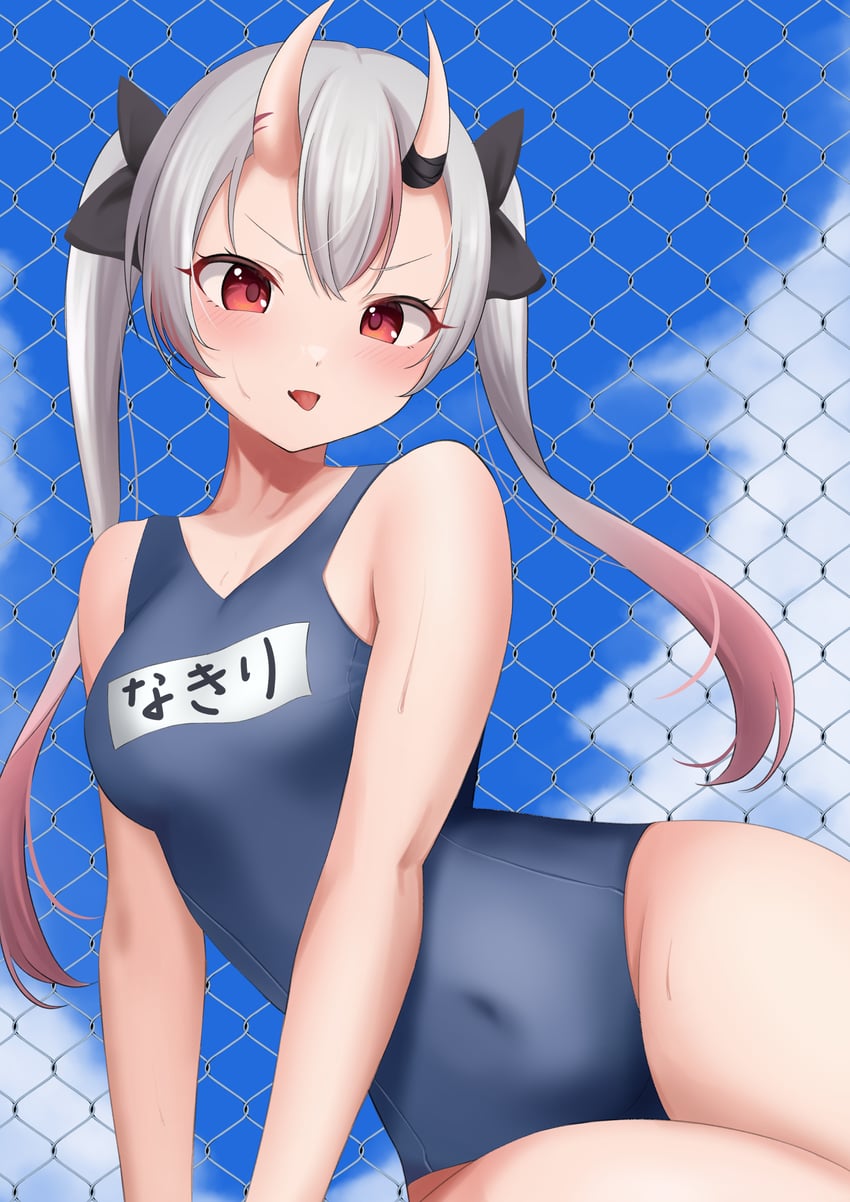 Hololive、百鬼绫目 1名女孩 黑色丝带 蓝色连体泳衣 蓝天 脸红