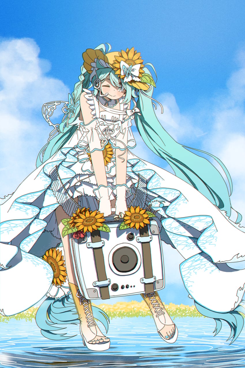 魔法未来(Vocaloid)、VOCALOID、初音未来 水色瞳 水色发 闭嘴 连衣裙 花