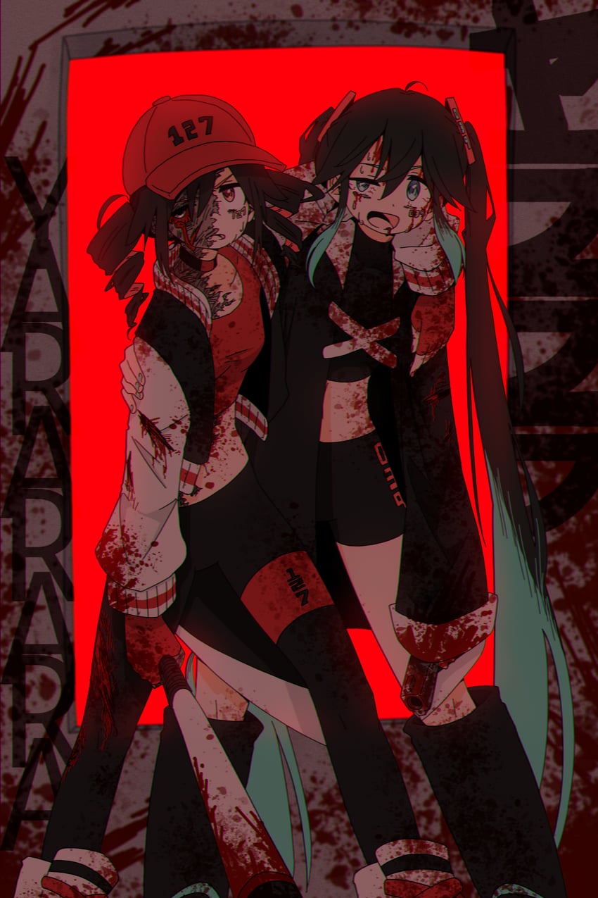 UTAU、VOCALOID、yararara (synthesizer v) 2名女孩 棒球棒 棒球帽 黑发 黑色夹克