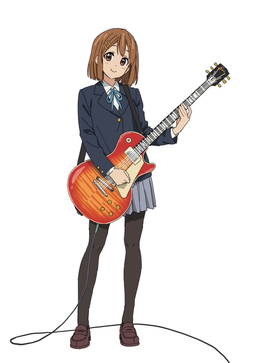 轻音少女、平泽唯 1名女孩 黑色连裤袜 黑色过膝袜 蓝色夹克 蓝色丝带