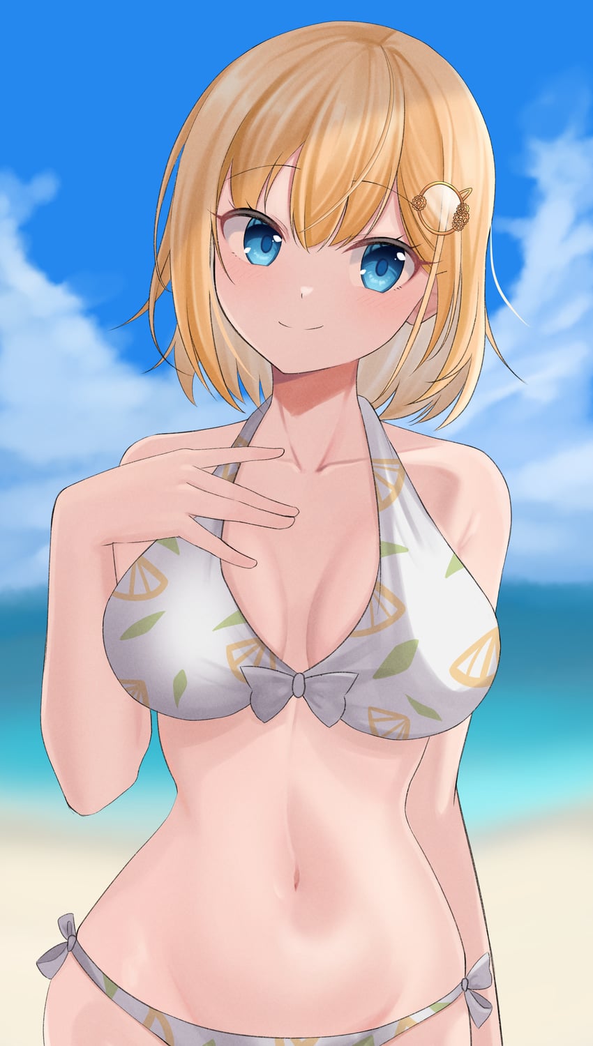Hololive、Hololive英语、阿梅莉亚·华生 1名女孩 海滩 比基尼 金发 蓝眼