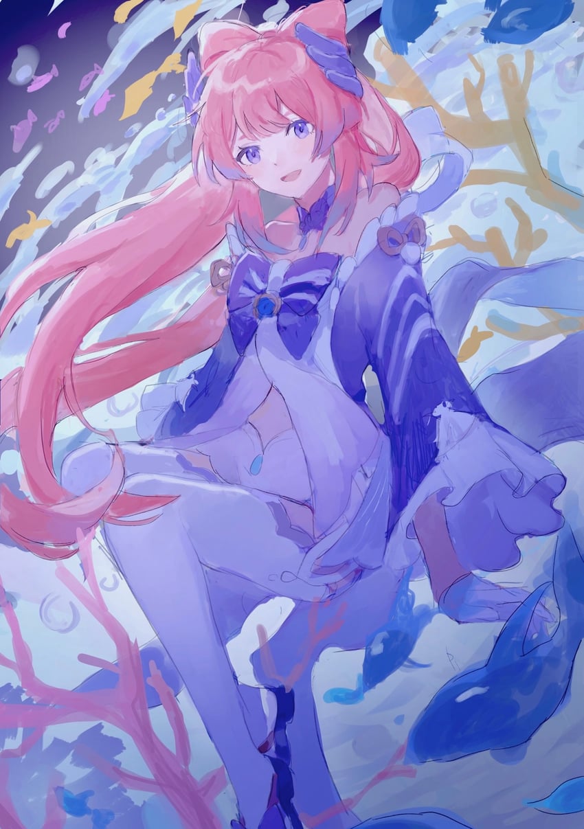 原神、珊瑚宫心海 1名女孩 蓝色蝴蝶结 蓝色连衣裙 蝴蝶结 蝴蝶结发型