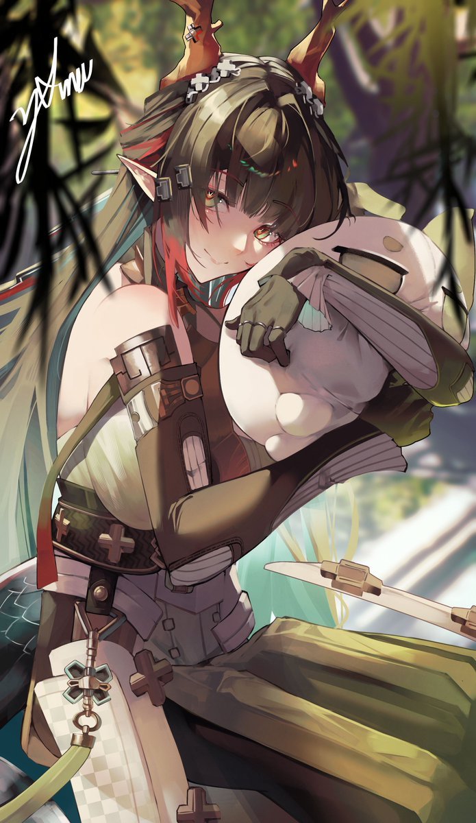 明日方舟、明日方舟：终末地、庄芳怡 (明日方舟) 1名女孩 黑色手套 黑发 黑裤子 黑色袖子