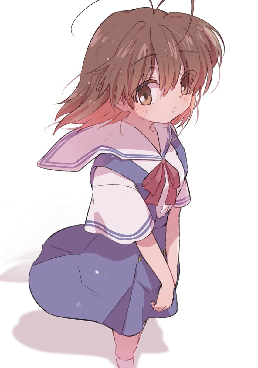 CLANNAD、古河渚 1名女孩 呆毛 蓝色连衣裙 脸红 蝴蝶结