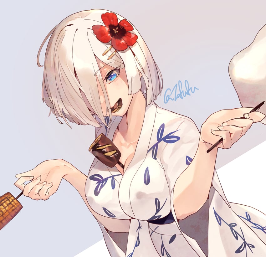 舰队Collection、滨风 (舰队Collection)、滨风 (浴衣) (舰队收藏) 1名女孩 蓝眼 乳房 花 食物