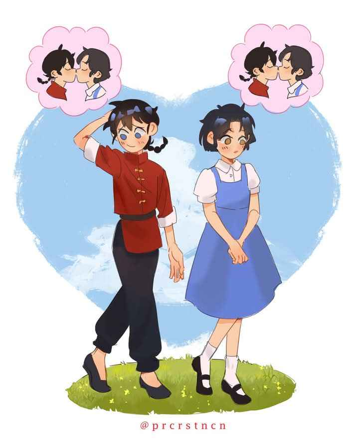 乱马1/2、天道茜 1名男孩 1名女孩 手放在头后 黑发 黑裤子