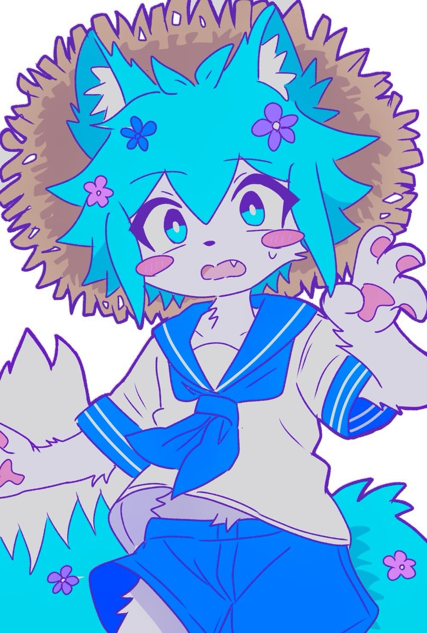 OMORI、Basil (梦境世界)、Basil (OMORI) 1名男孩 替换服装 兽耳 呆毛 蓝色领巾