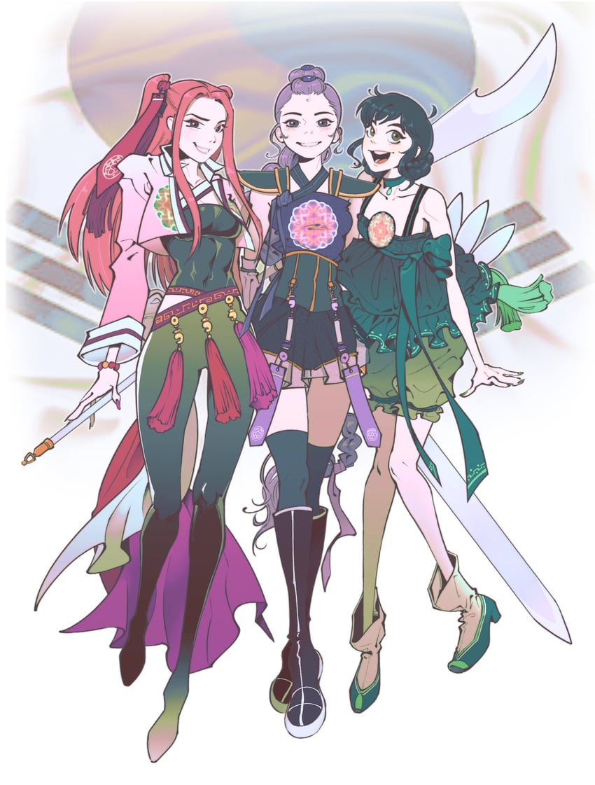 K-pop 恶魔猎人、Mira、Rumi (Kpop Demon Hunters) 3人女子 黑发 黑色过膝袜 靴子 辫子