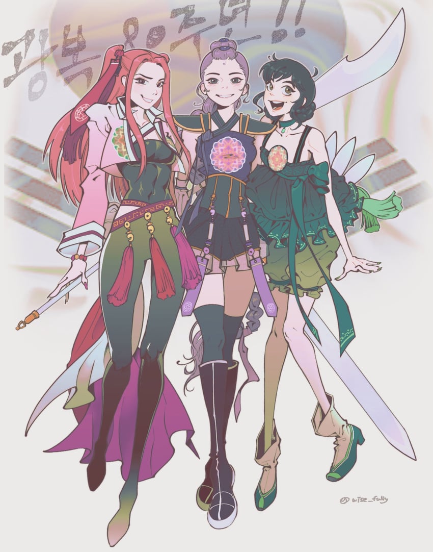 K-pop 恶魔猎人、Mira、Rumi (Kpop Demon Hunters) 3人女子 黑发 黑色过膝袜 靴子 辫子