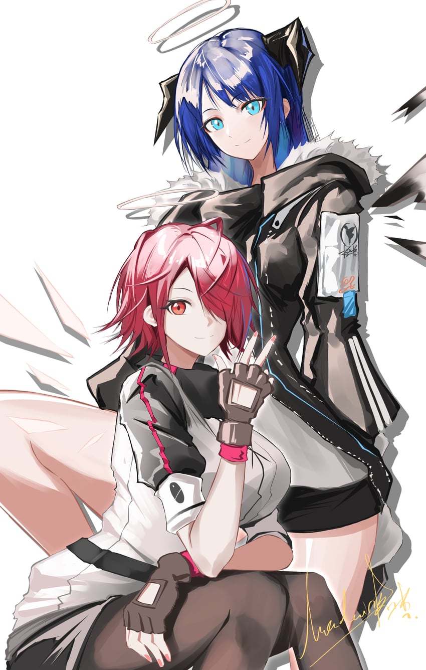 明日方舟、能天使 (明日方舟)、莫斯提马 (明日方舟) 2名女孩 黑角 黑色夹克 蓝眼 蓝发