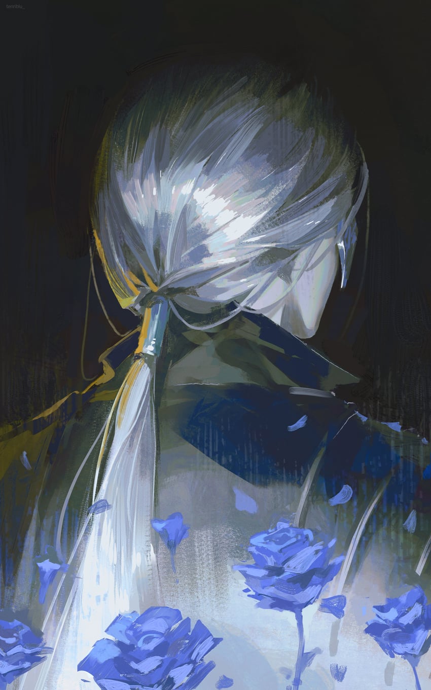 艾尔登法环、艾尔登法环：暗夜统治、塔妮丝 (艾尔登法环) 1名女孩 黑色背景 黑色夹克 蓝花 蓝玫瑰