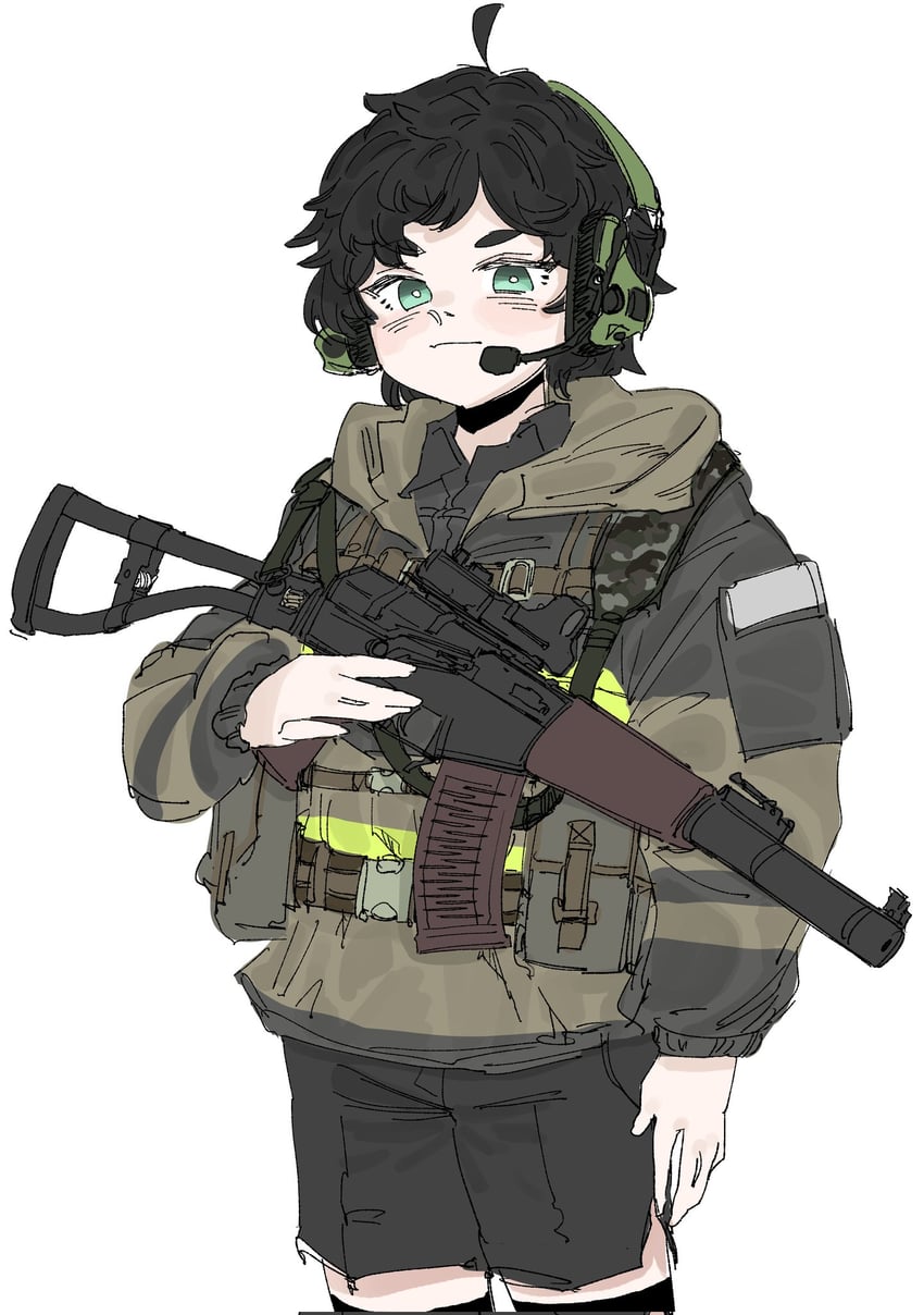原创、boksil (boksil intel) 1名男孩 呆毛 突击步枪 腰带 黑发