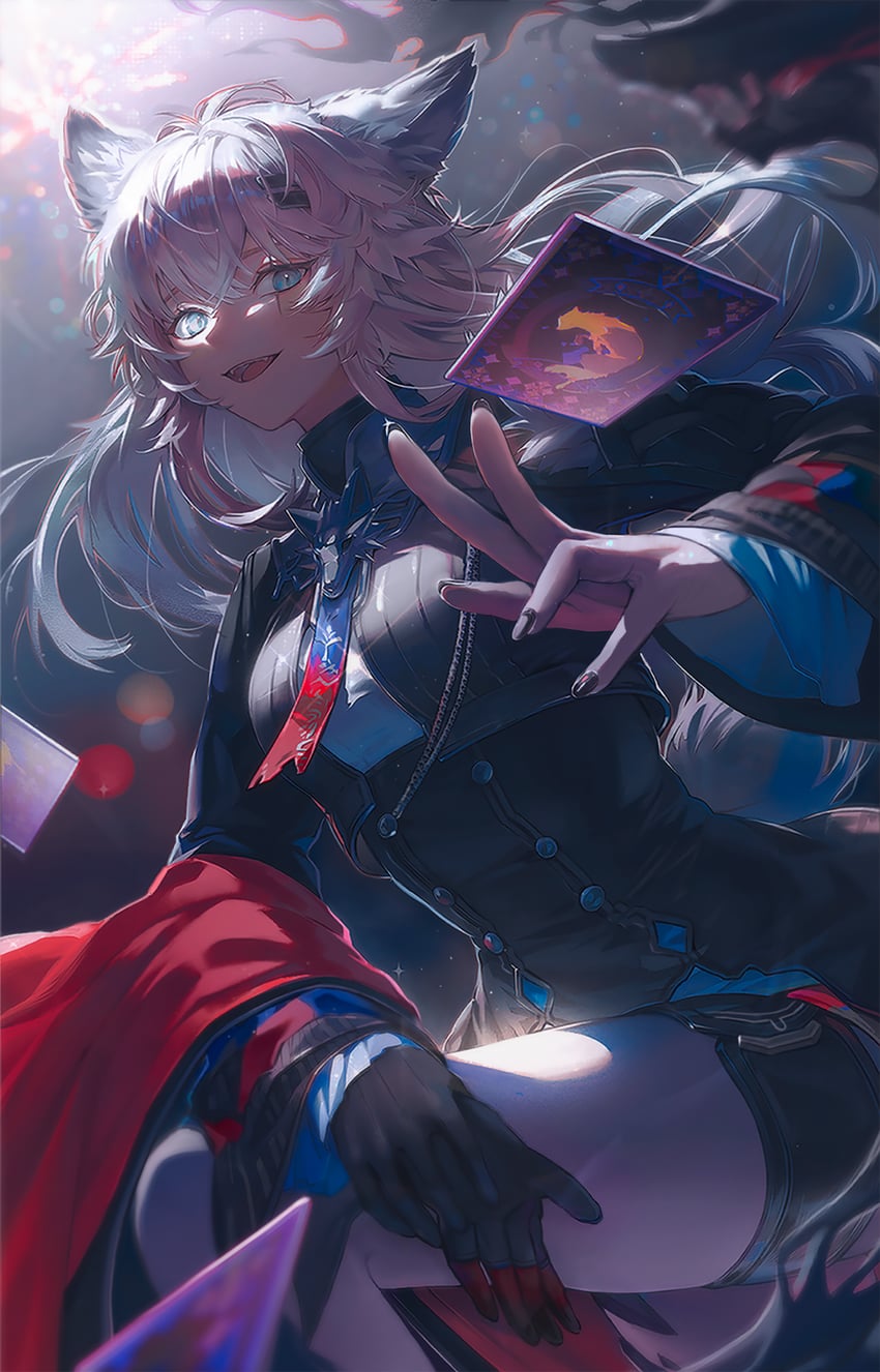 明日方舟、拉普兰德 (明日方舟) 1名女孩 兽耳 黑色紧身胸衣 黑色手套 黑色夹克