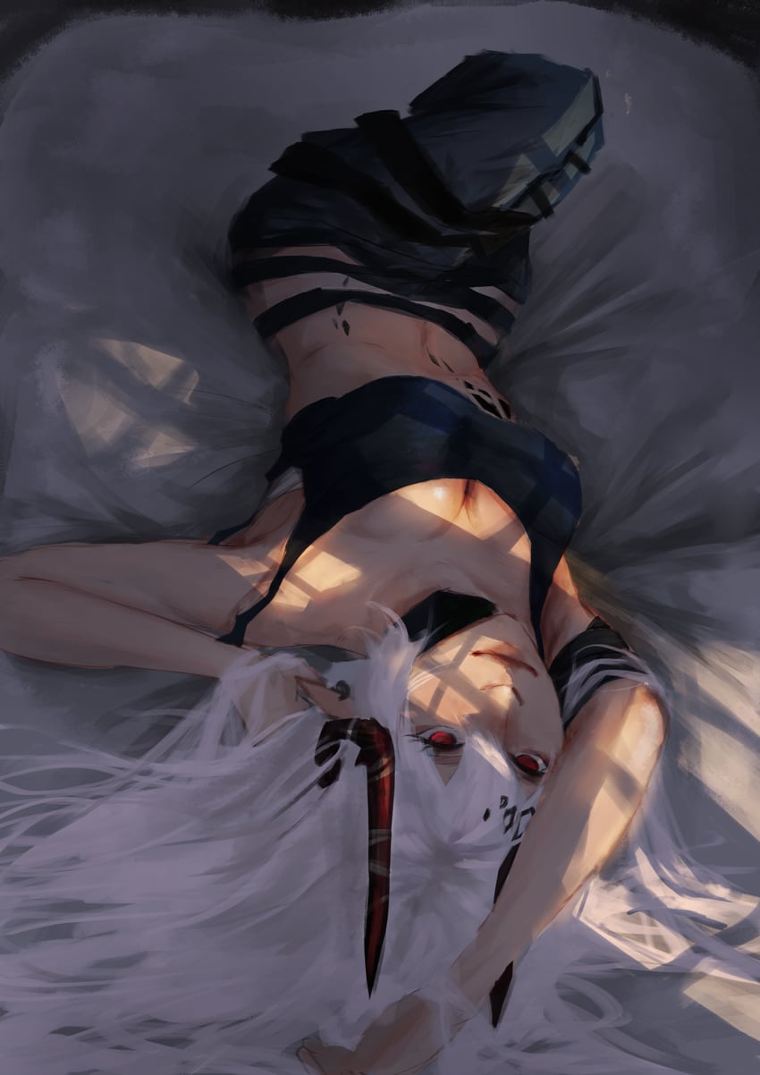 明日方舟、泥岩 (明日方舟) 1名女孩 黑裤子 黑色运动内衣 乳房 乳沟